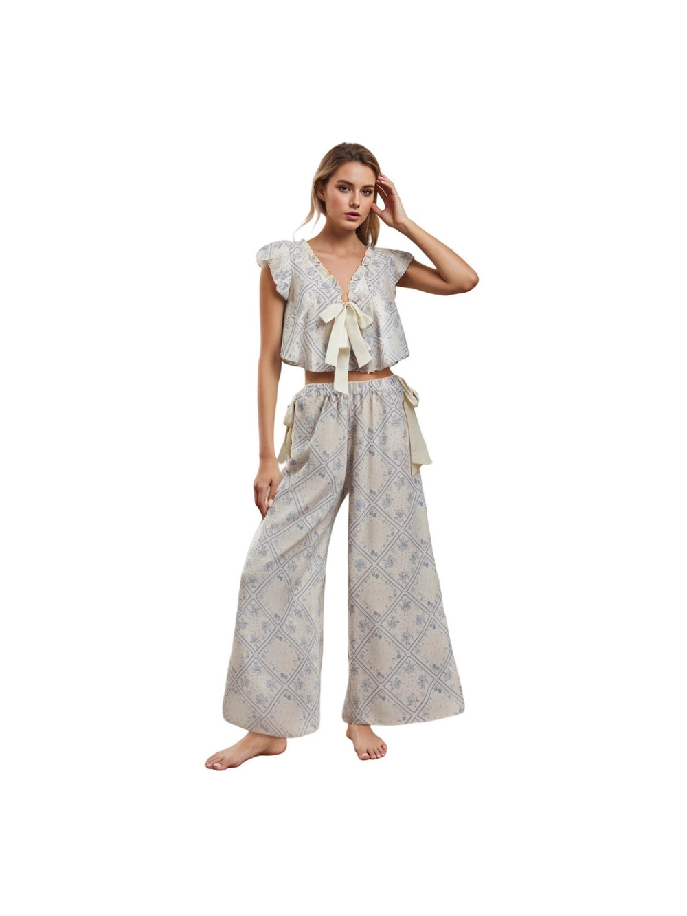H&M Casual Chic Comfortable Printed Two Piece Set Tie Front Top Wide Leg Pants